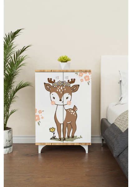 Little Fawn 2 Raflı Çocuk Odası Dolabı Çok Amaçlı Baskılı Oyuncak Dolabı modelleri