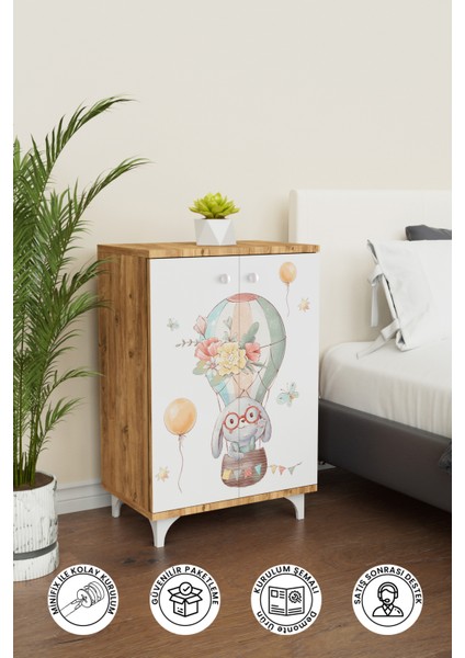 Sky Journey 2 Raflı Çocuk Odası Dolabı Çok Amaçlı Baskılı Oyuncak Dolabı