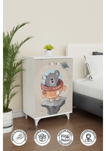 Little Astronaut 2 Raflı Çocuk Odası Dolabı Çok Amaçlı Baskılı Oyuncak Dolabı
