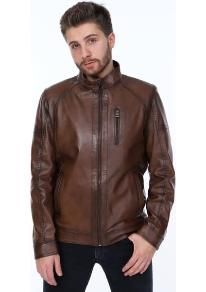 Hakiki Deri Kahverengi Dik Yaka Bern Erkek Deri Ceket