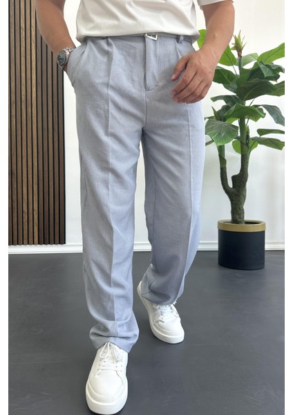 Erkek Beli Düğmeli Rahat Kalıp Yazlık Pantolon Mavi EDW393