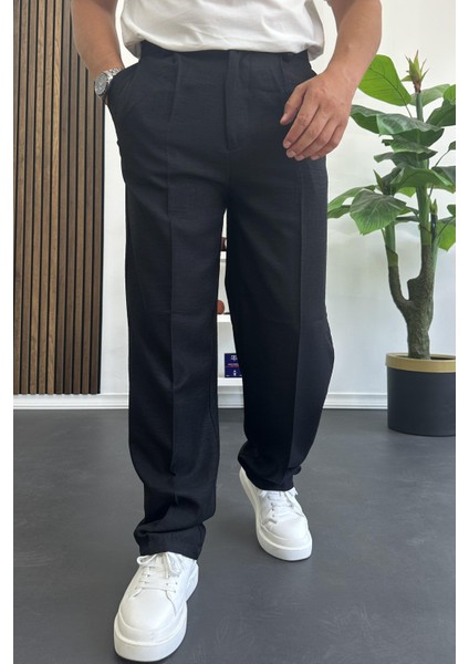 Erkek Beli Düğmeli Rahat Kalıp Yazlık Pantolon Siyah EDW393
