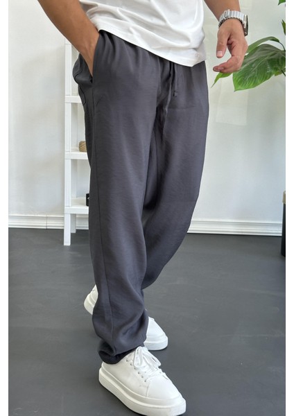 Erkek Beli Lastikli Modal Kumaş Rahat Kesim Pantolon Füme EDW396