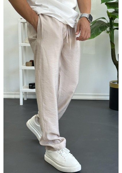 Erkek Beli Lastikli Modal Kumaş Rahat Kesim Pantolon Krem EDW396