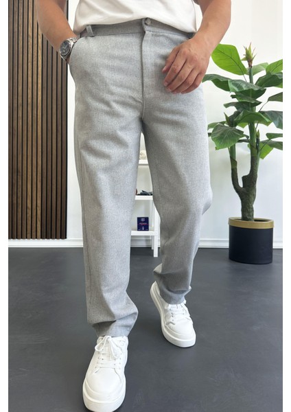 Erkek Normal Kesim Keten Pantolon Gri EDW386
