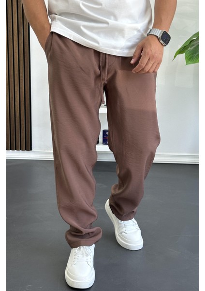 Erkek Beli Lastikli Modal Kumaş Rahat Kesim Pantolon Kahverengi EDW396 fiyatları