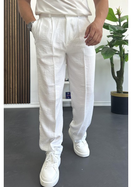 Erkek Beli Düğmeli Rahat Kalıp Yazlık Pantolon Beyaz EDW393