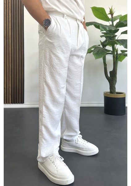 Erkek Beli Düğmeli Rahat Kalıp Yazlık Pantolon Beyaz EDW393 fiyatları