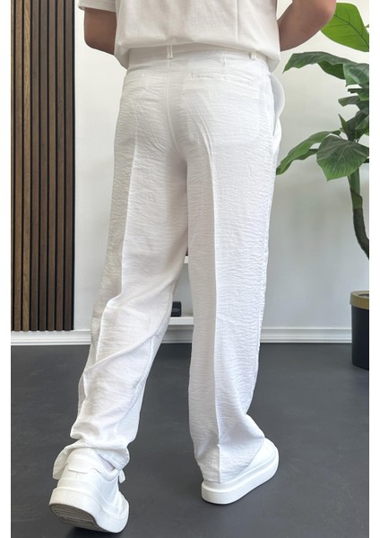 Erkek Beli Düğmeli Rahat Kalıp Yazlık Pantolon Beyaz EDW393 modelleri