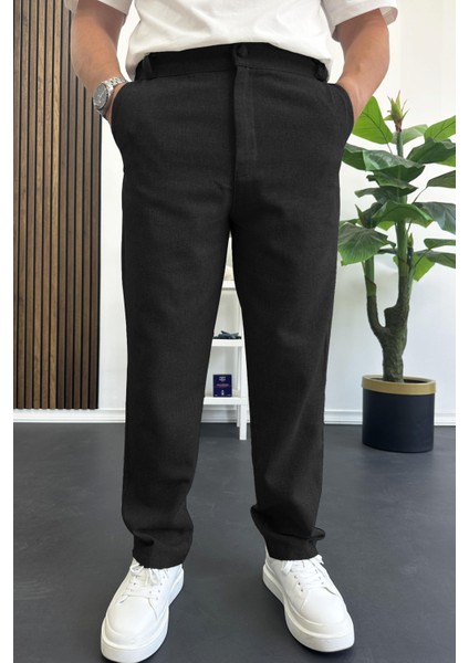 Erkek Normal Kesim Keten Pantolon Siyah EDW386