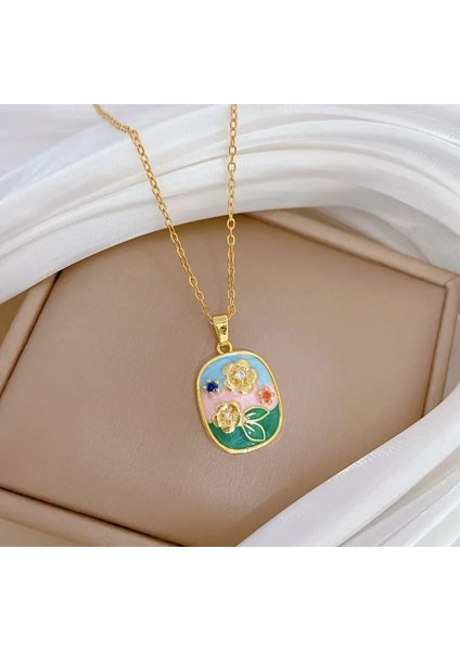 Çiçek Desenli Emaye Kolye | Altın Renk Zincirli Uçlu Kolye | 40+5 cm Ayarlanabilir Zincir