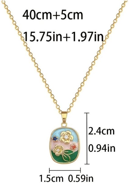 Çiçek Desenli Emaye Kolye | Altın Renk Zincirli Uçlu Kolye | 40+5 cm Ayarlanabilir Zincir modelleri