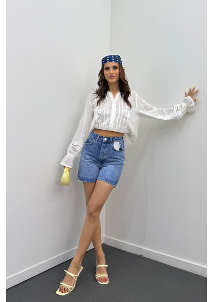 Samira Orta Kot Mavi Yüksek Bel Kot Şort