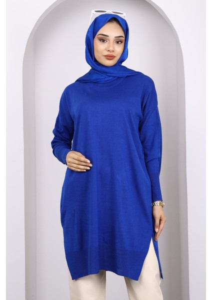 Saks Mavi Merserize Salaş Triko Tunik modelleri