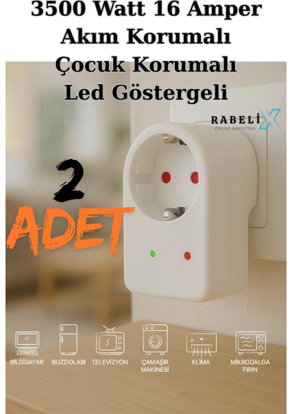 2 Adet Tekli Akım ve Çocuk Korumalı Priz LED Göstergeli 3500 Watt 16 Amper