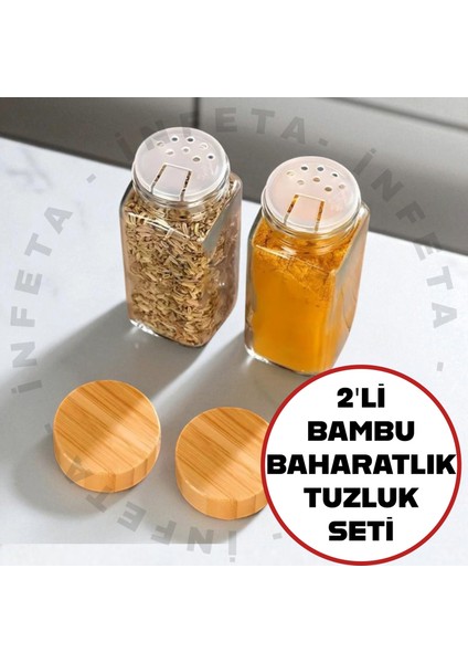 2'li Bambu Kapak Modern Tuzluk Baharatlık Seti Çift Dökme Başlıklı