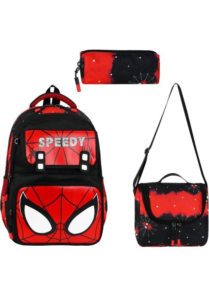 Speedy Ilkokul Çantası 3'lü Set 40*30 cm Beslenme Çantası Kalem Kutusu Ortopedik Örümcek Adam