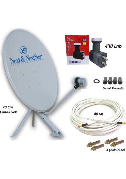 70CM Çanak Seti+40 Metre Anten Kablosu+4'lü Next Lnb+4 Contalı F Konnektör+4 Çelik Dübel