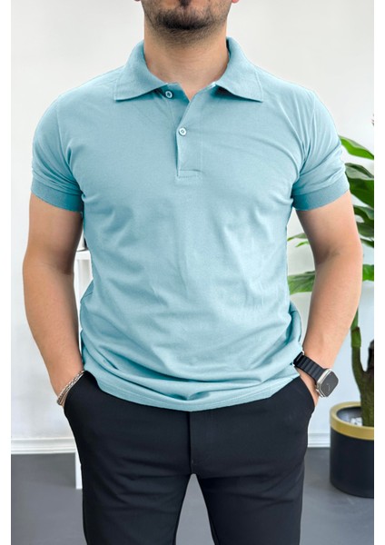 Erkek Slim Fit Düz Renk Pamuklu Soft Polo Tişört Açık Mavi EDW365