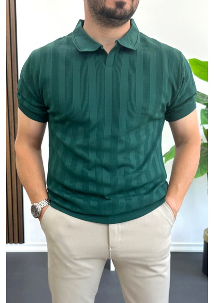 Erkek Açık Yaka Desenli Tişört Koyu Yeşil EDW385