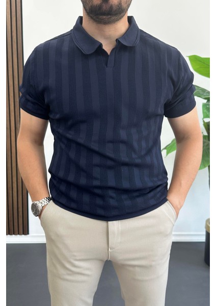 Erkek Açık Yaka Desenli Tişört Lacivert EDW385