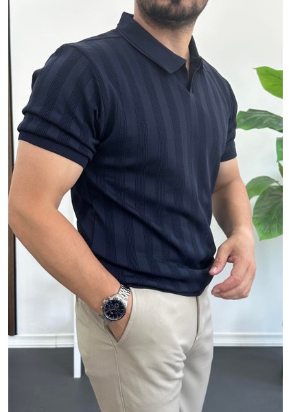 Erkek Açık Yaka Desenli Tişört Lacivert EDW385 fiyatları