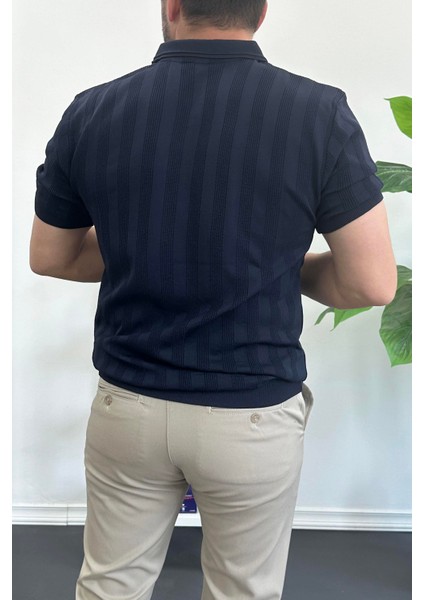 Erkek Açık Yaka Desenli Tişört Lacivert EDW385 modelleri