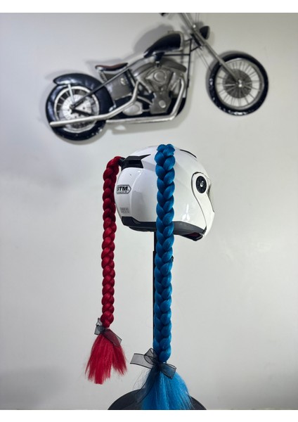 Motor & Motosiklet Harley Quinn Model Kask Dış Aksesuarı Kırmızı ve Petrol Mavi Çift Örgü Saç fırsatları