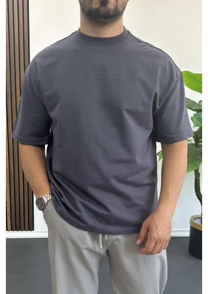 Erkek Kabartmalı Sırt Baskılı Oversize Tişört Füme EDW390 fiyatları