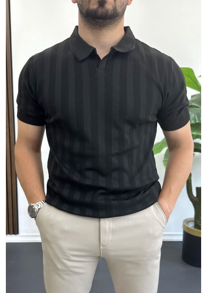 Erkek Açık Yaka Desenli Tişört Siyah EDW385