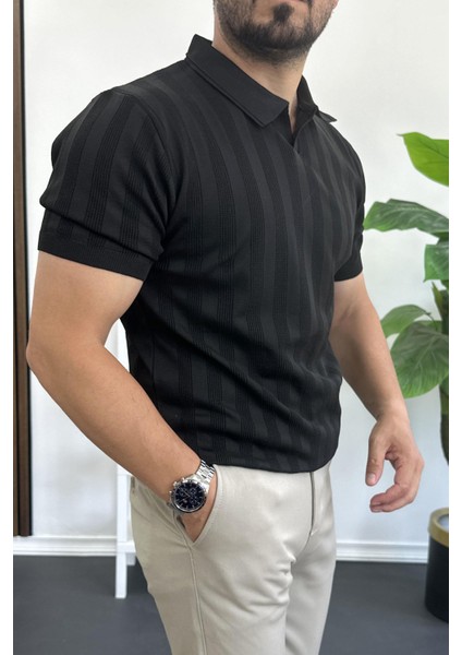 Erkek Açık Yaka Desenli Tişört Siyah EDW385 fiyatları