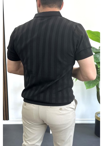 Erkek Açık Yaka Desenli Tişört Siyah EDW385 modelleri