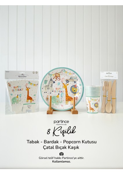 8 Kişilik Safari Tema Kullan At Karton Popcorn Mısır Kutusu- Tabak-Bardak-Çatal Kaşık Bıçak Parti Seti