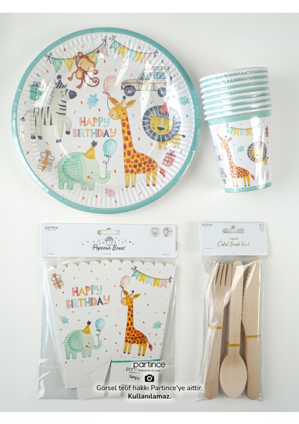 8 Kişilik Safari Tema Kullan At Karton Popcorn Mısır Kutusu- Tabak-Bardak-Çatal Kaşık Bıçak Parti Seti