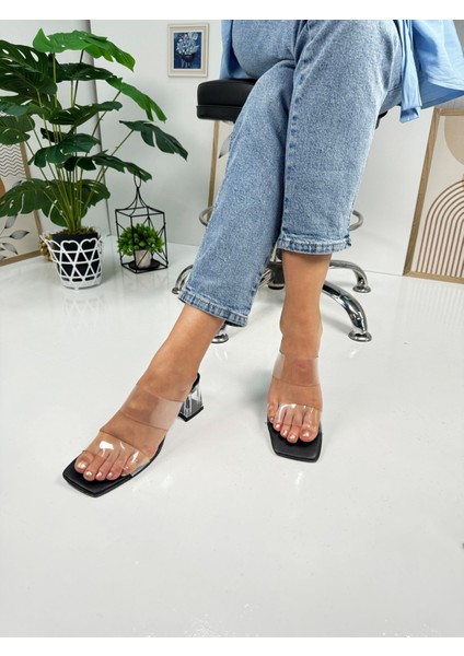 Günlük Kadın Terlik Çift Şeffaff Şeritli Bantlı Kalın Şeffaf Topuklu Abiye Ayakkabı 105