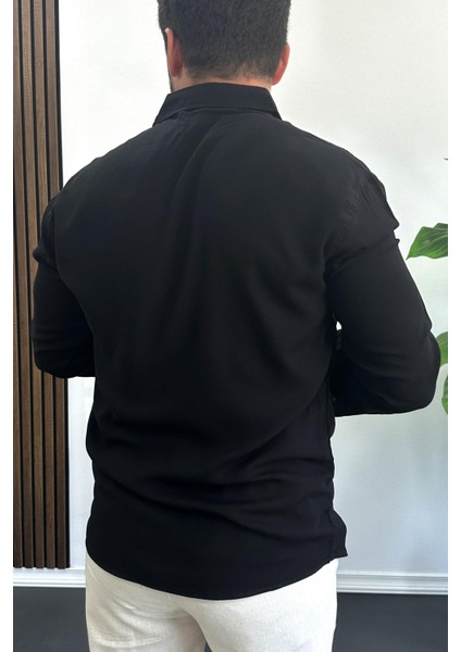 Erkek Viskon Kumaş Uzun Kollu Gömlek Siyah EDW391 modelleri