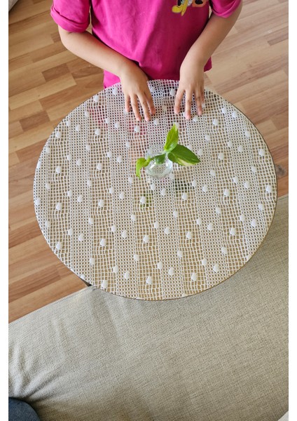 Yuvarlak Pvc Dantelli Sehpa Örtüsü Çeyizlik Kaliteli Lüx Dekoratif Masa Örtüsü Sofra Bezi Beyaz