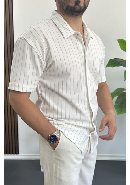 Erkek Dik Çizgili Kısa Kollu Gömlek Krem EDW387 fiyatları