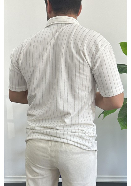 Erkek Dik Çizgili Kısa Kollu Gömlek Krem EDW387 modelleri