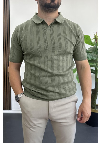 Erkek Açık Yaka Desenli Tişört Yeşil EDW385