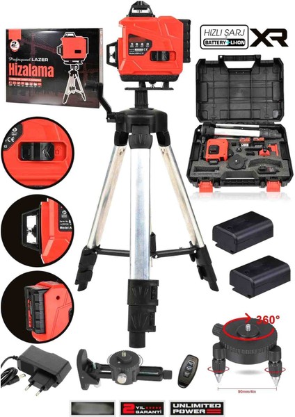 İyisi Yok Profesyonel 360° 16 Köşe Otomatik Hizalama Tripod'lu Lazer Metre Hizalama