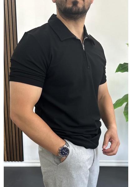 Erkek Yakası ve Kolu Nakış Detaylı Polo Yaka Fermuarlı Tişört Siyah EDW392 fiyatları