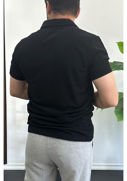 Erkek Yakası ve Kolu Nakış Detaylı Polo Yaka Fermuarlı Tişört Siyah EDW392 modelleri