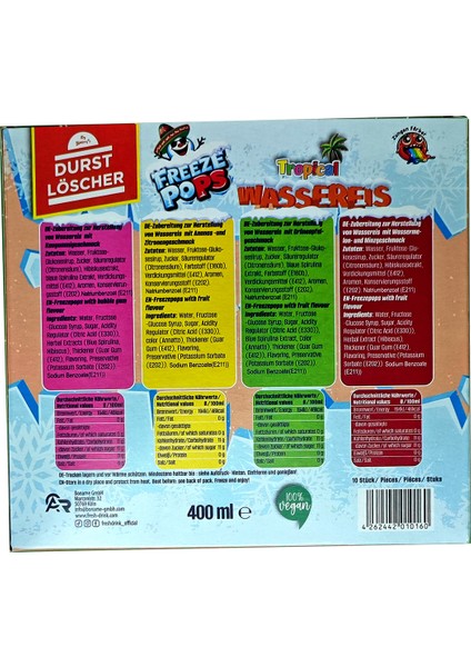 DURST LÖSCHER FREEZE POPS TROPICAL RENKLİ DİL BOYAYAN VEGAN MEYBUZLAR - 10'LU fırsatları
