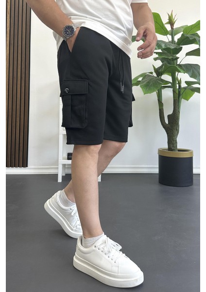 Erkek Beli Lastikli Cepli Şort Siyah EDW388