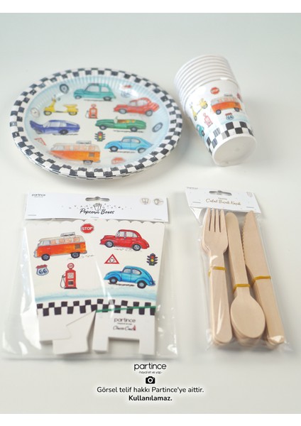 8 Kişilik Araba Tema Kullan At Karton Popcorn Mısır Kutusu- Tabak-Bardak-Çatal Kaşık Bıçak Parti Seti fiyatları