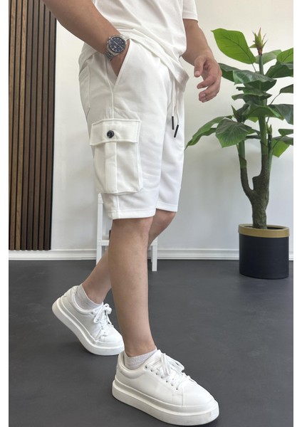 Erkek Beli Lastikli Cepli Şort Beyaz EDW388