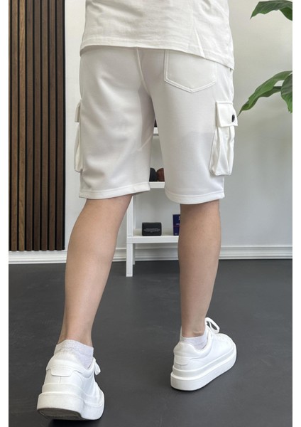 Erkek Beli Lastikli Cepli Şort Beyaz EDW388 modelleri