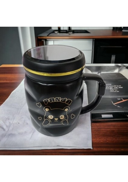 Ayna Kapaklı Panda Desenli Porselen Kupa Bardak Siyah Kupa Bardak fırsatları