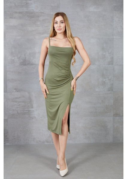 İp Askılı Büzgü Detay Yırtmaçlı Elbise